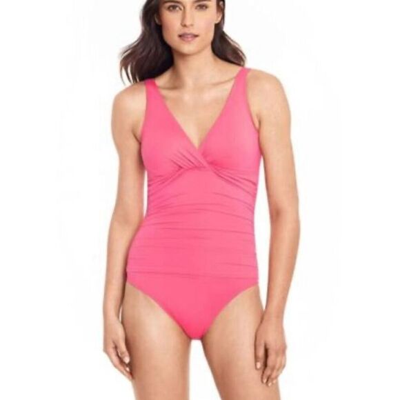 Lauren Ralph Lauren neon pink vneck ruched tummy control one piece 10 - Picture 1 of 8